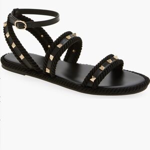 Valentino Garavani Rockstud Ankle Strap Flat Sandal (Women) black gold 40 / 10